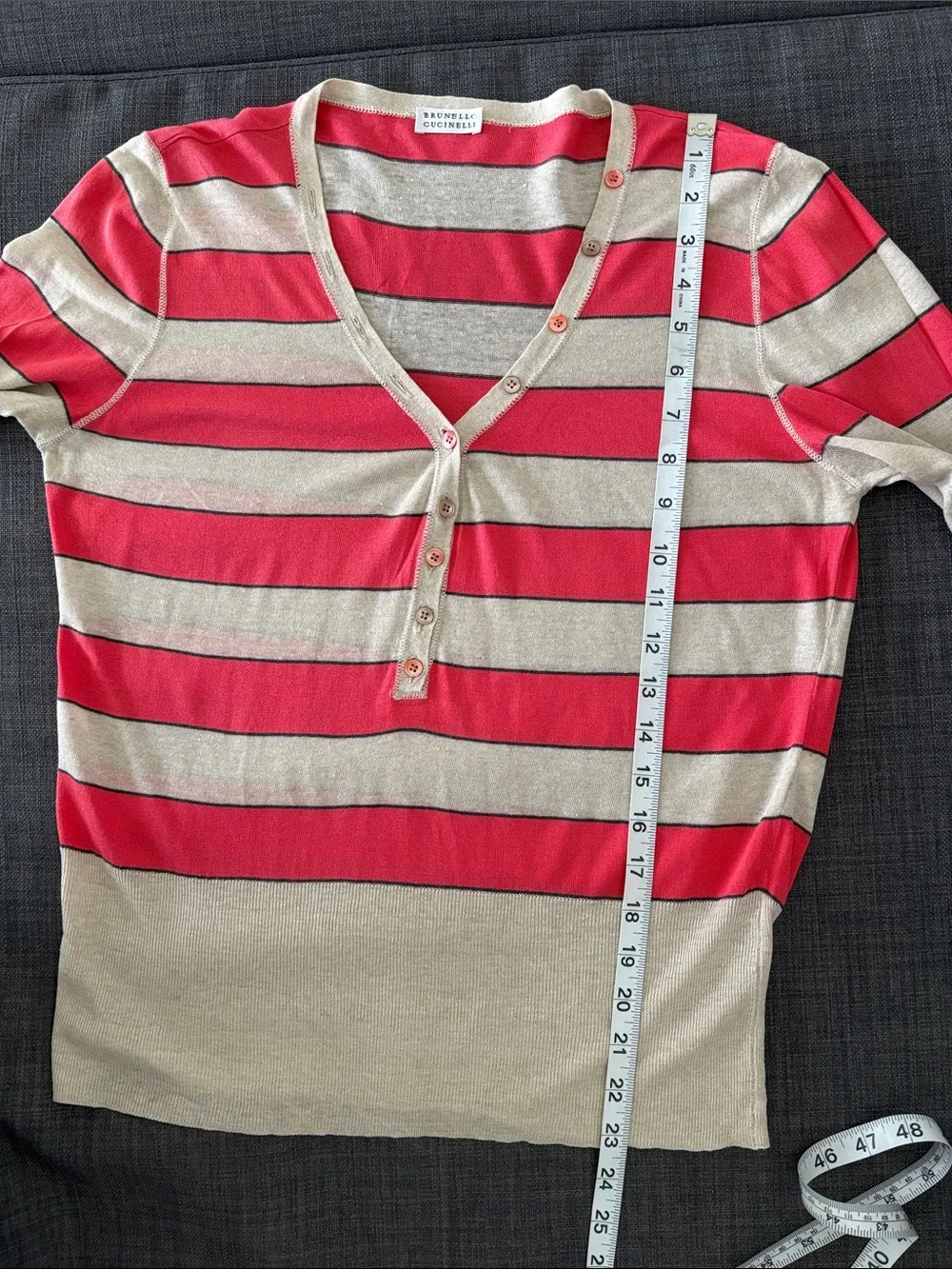 Brunello Cucinelli Striped Red and Beige Button-Front Cardigan - Picture 8 of 9